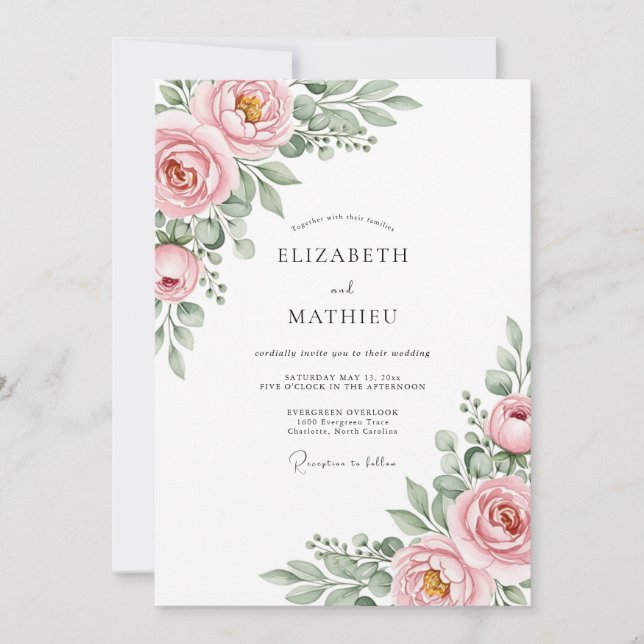 Invitation Mariage Rose Éthéré en Fleur (Devant)