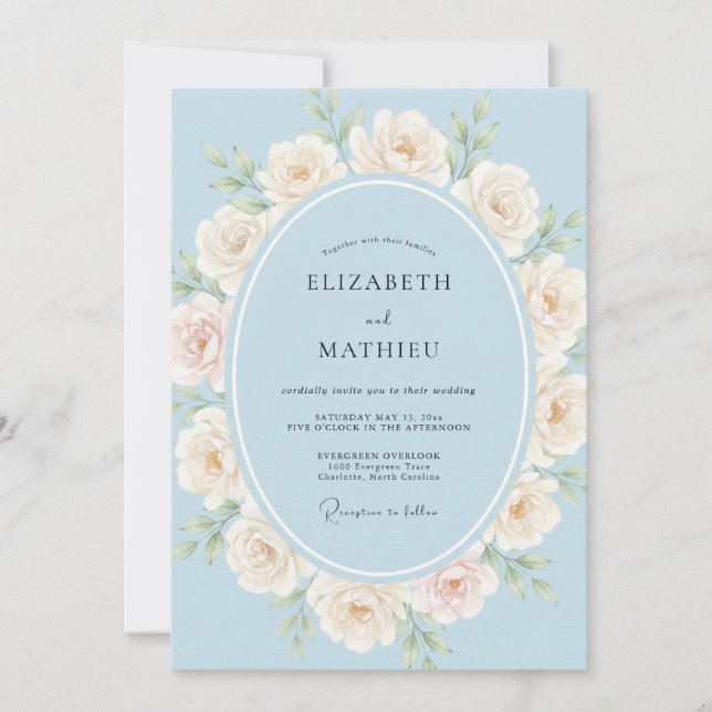 Invitation Mariage Rose Éthérée Bleu Clair (Devant)