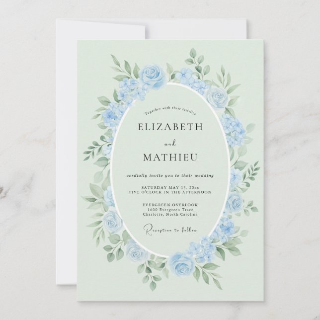 Invitation Mariage Rose Éthérée Bleu Poudre (Devant)