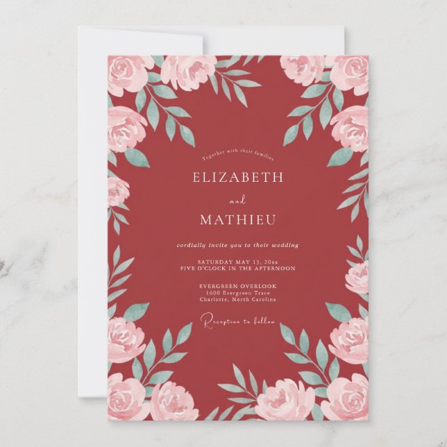 Invitation Mariage Rose Éthérée Bourgogne (Devant)
