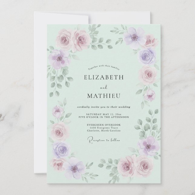 Invitation Mariage Rose Éthérée Vert Menthe (Devant)