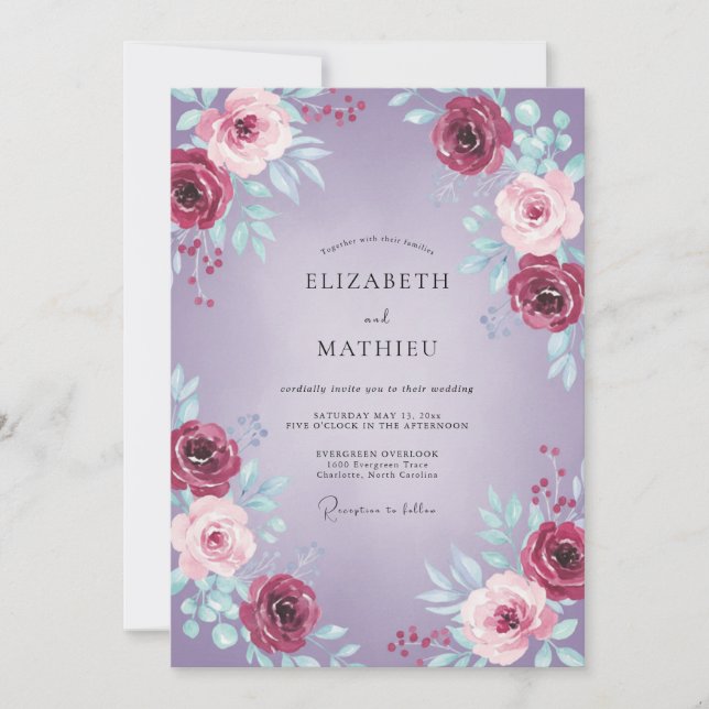 Invitation Mariage Rose Éthérée Violette (Devant)