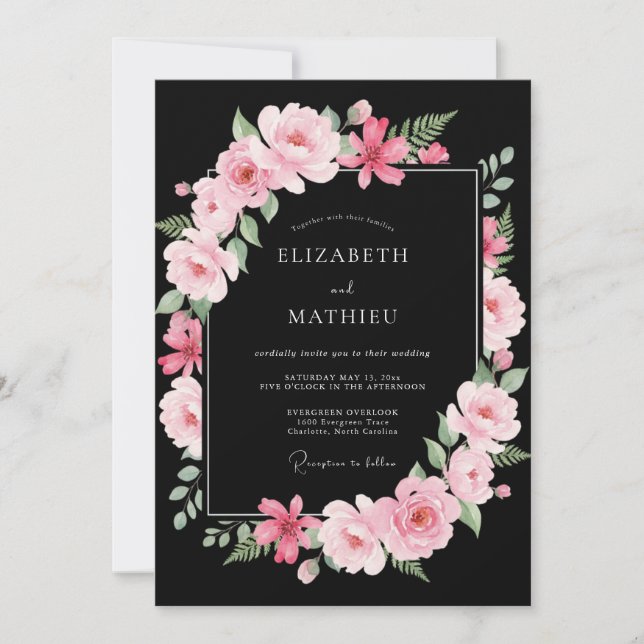 Invitation Mariage Rose Exquis Noir (Devant)