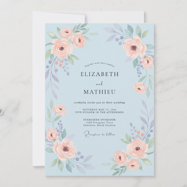 Invitation Mariage Rose Fantaisiste Bleu Poudre (Devant)