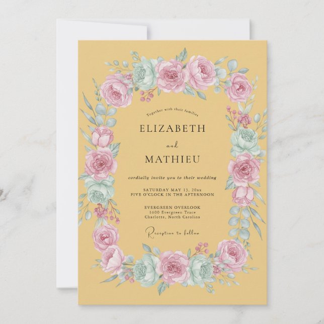 Invitation Mariage Rose Fantaisiste Jaune Moutarde (Devant)