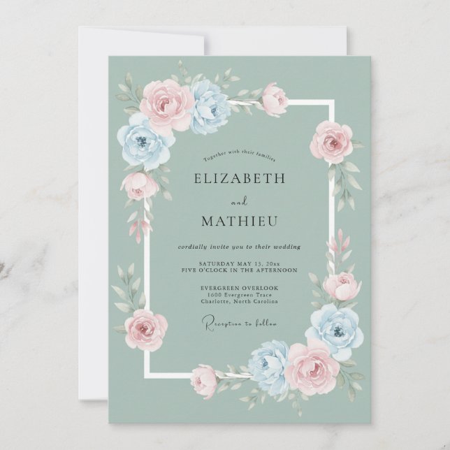 Invitation Mariage Rose Fantaisiste Vert Sauge (Devant)