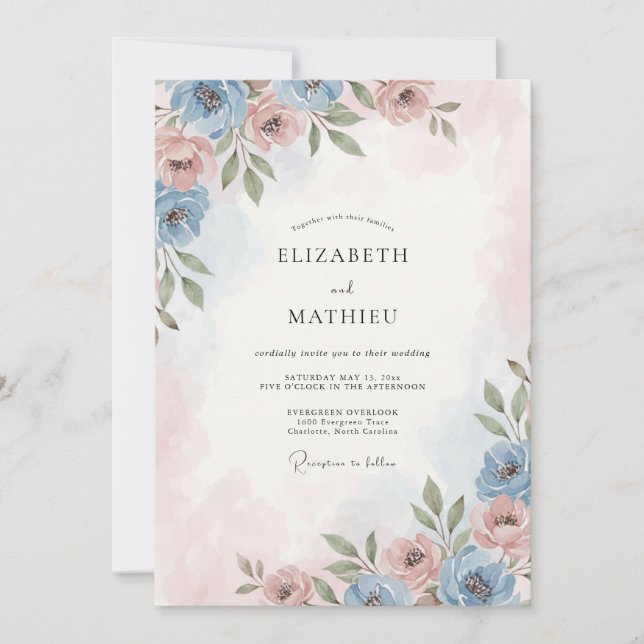 Invitation Mariage Rose Fardée Bleu Ciel Doré (Devant)