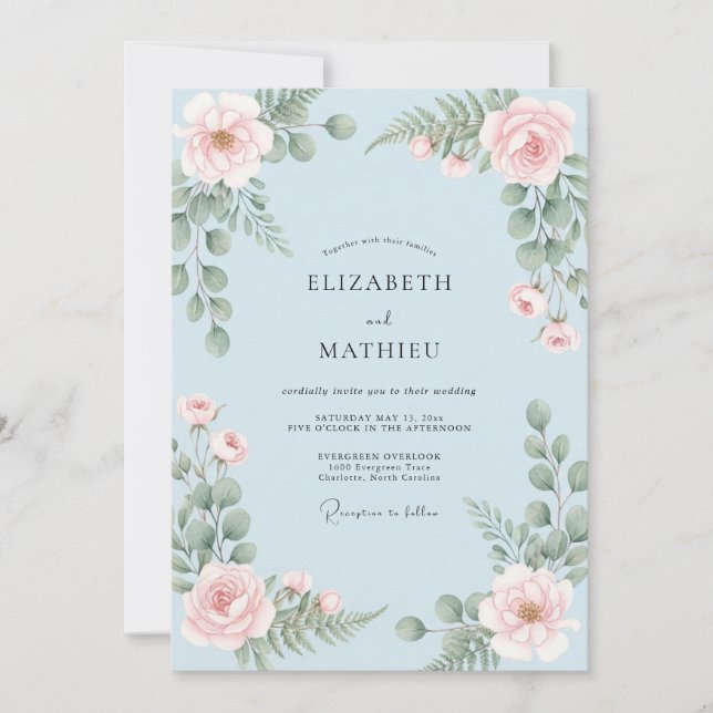 Invitation Mariage Rose Fardée Bleu Poudre (Devant)