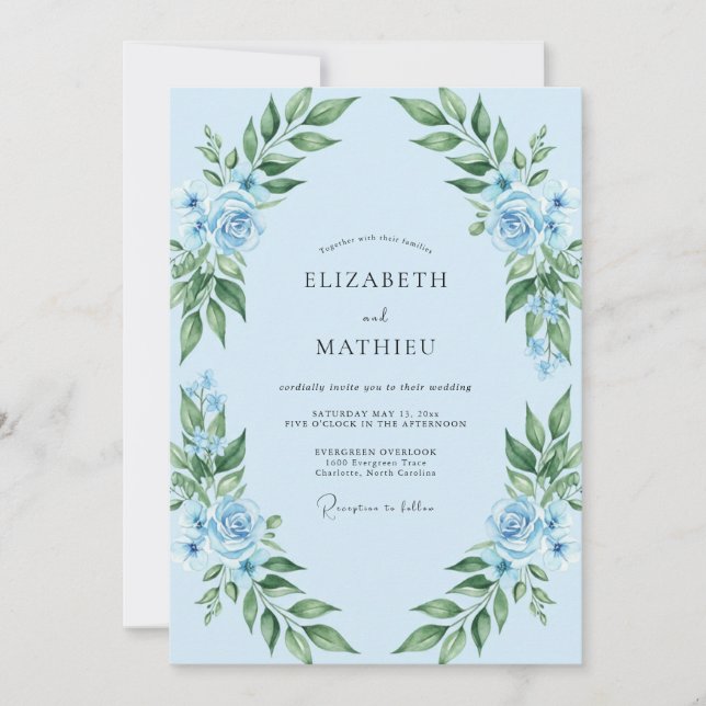 Invitation Mariage Rose Feuillée Bleuet (Devant)