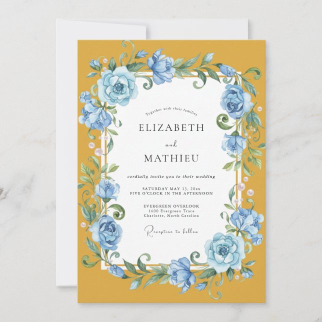Invitation Mariage Rose Fléole Jaune Moutarde (Devant)