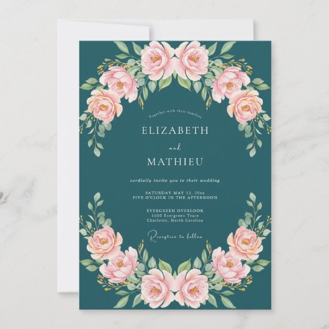 Invitation Mariage Rose Fleur Teintée de Sarcelle (Devant)