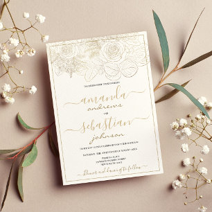 Invitation Mariage rose fleuri blanc et or classique