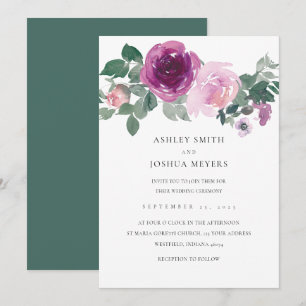 Invitation Mariage Rose Floral Blanc Feuille Verte Magenta
