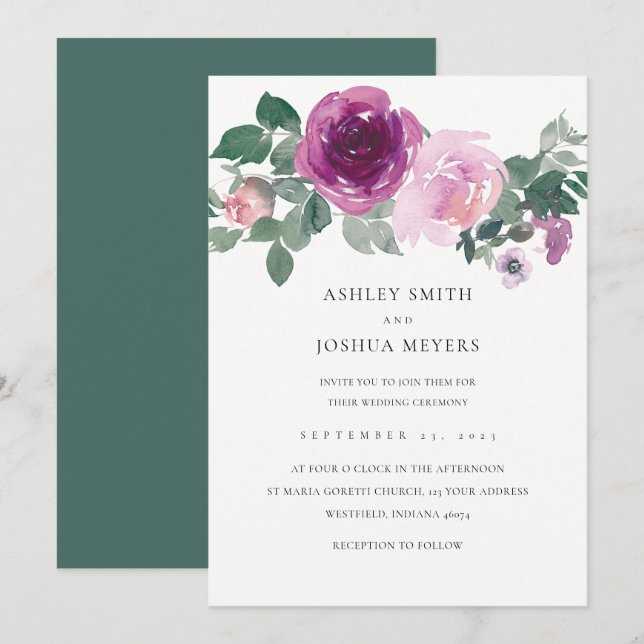Invitation Mariage Rose Floral Magenta Blanc Perle Vert Feuil (Devant / Derrière)