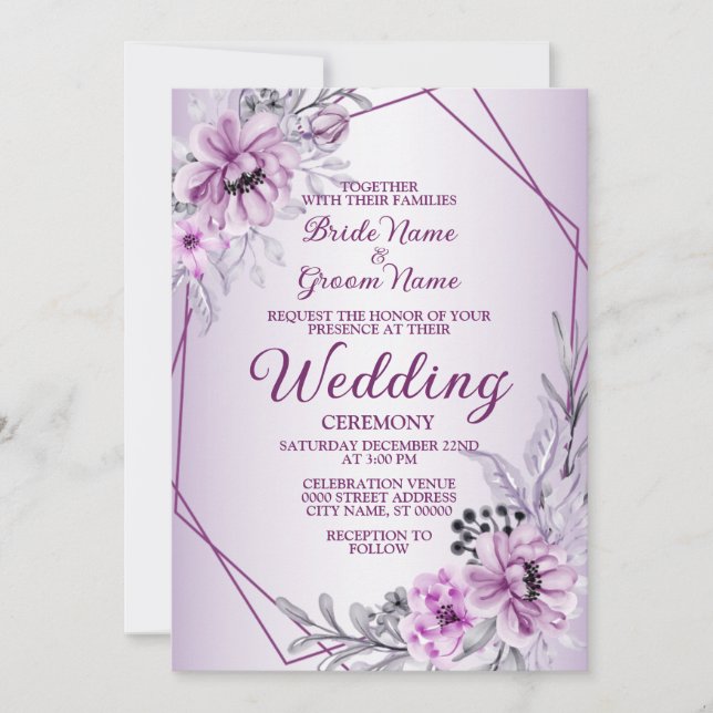 Invitation Mariage Rose Floral Violet Violet Cadre pourpre (Devant)