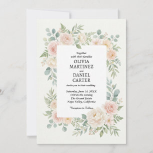 Invitation Mariage Rose Florale Rougeoyante et Eucalyptus