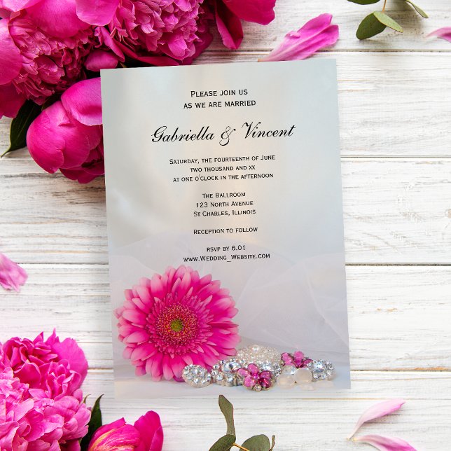 Invitation Mariage rose Gerber Daisy et boutons (Invite guests to your marriage ceremony with the pretty Pink Daisy and Buttons Wedding Invitation.)