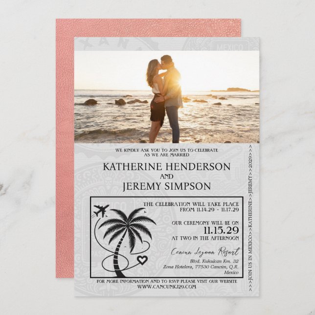 Invitation Mariage rose Gold Mexico Passport (Devant / Derrière)