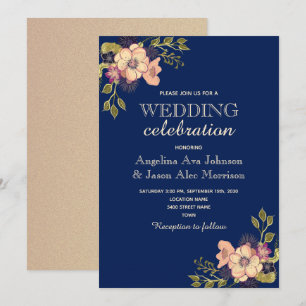 Invitation Mariage Rose Gold Navy Floral