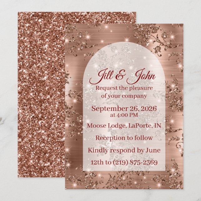 Invitation Mariage Rose Gold Pailleté Arqué (Devant / Derrière)