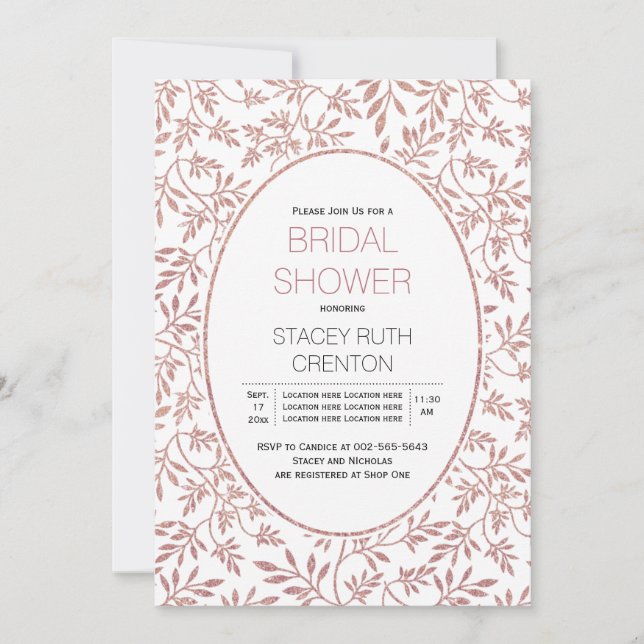 Invitation Mariage rose gold pailleté feuilles douche de mari (Devant)