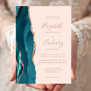 Invitation Mariage Rose Gold Sarcelle Élégant Agate Rose Pâle
