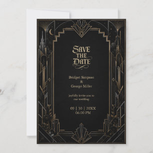 Invitation Mariage Rose Gothique Art Déco Skyline 
