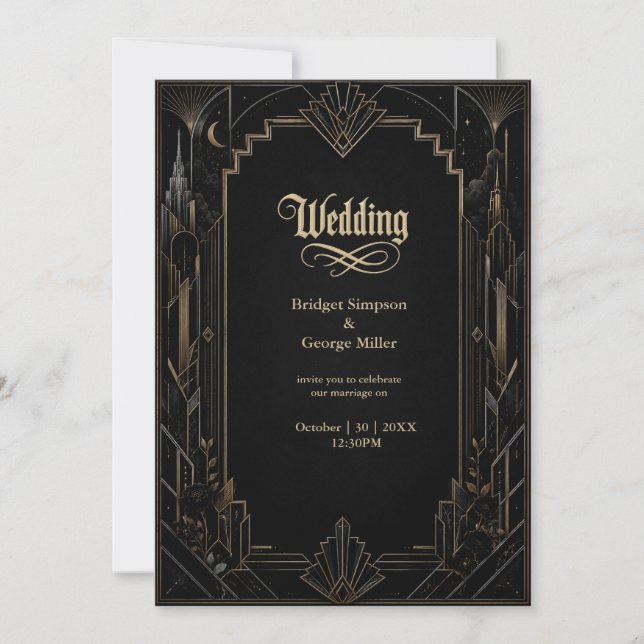 Invitation Mariage Rose Gothique Art Déco Skyline  (Devant)
