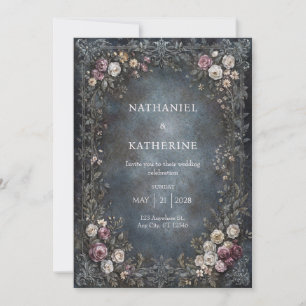 Invitation Mariage Rose Gothique Lunatique Filigrane d'Argent