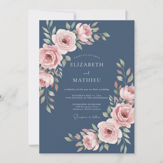 Invitation Mariage Rose Gracieuse Bleu Acier (Devant)