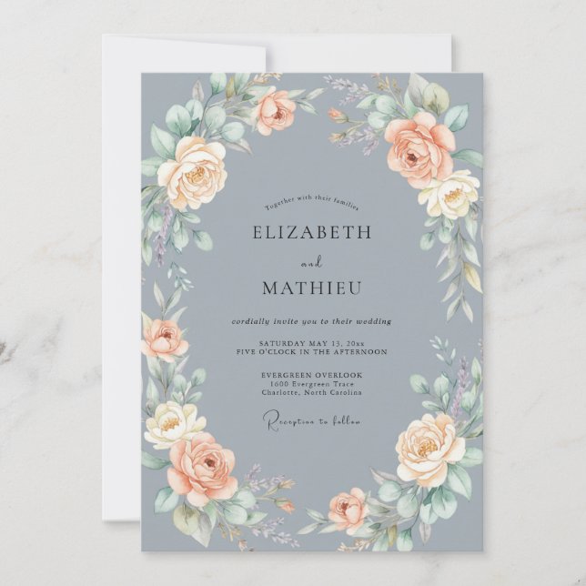 Invitation Mariage Rose Gracieuse Bleu Ardoise (Devant)