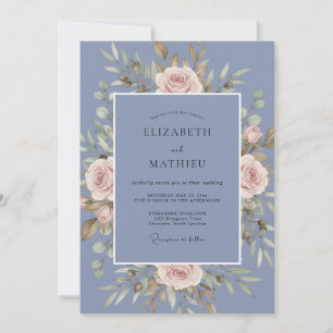 Invitation Mariage Rose Gracieuse Bleu Barbeau