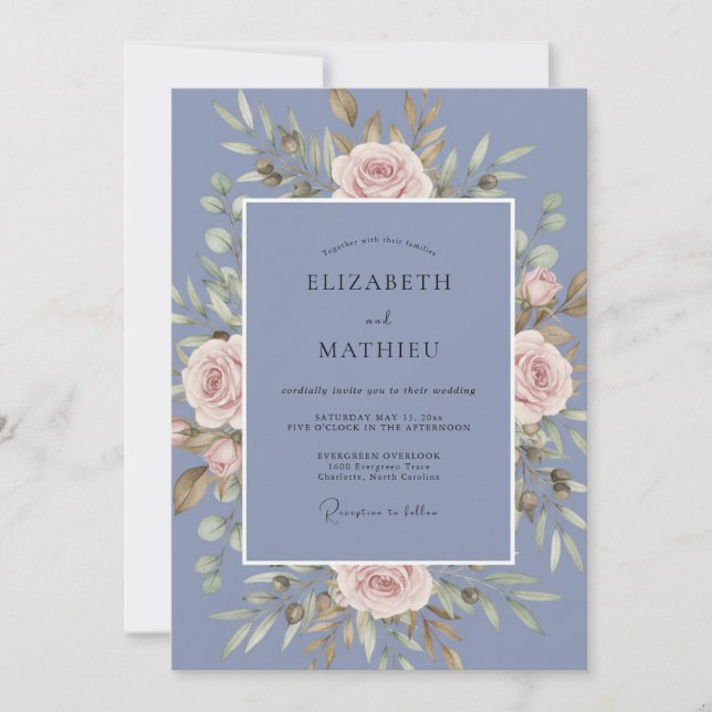 Invitation Mariage Rose Gracieuse Bleu Barbeau (Devant)