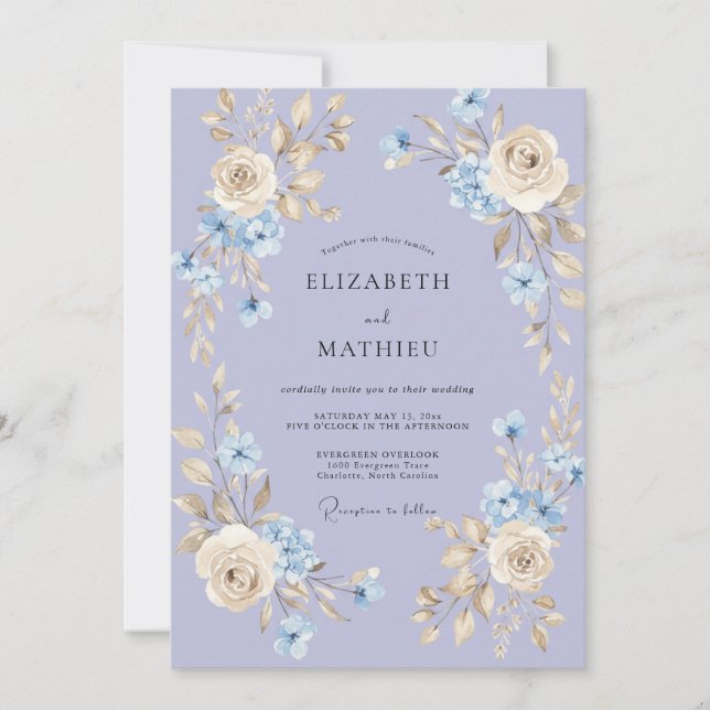 Invitation Mariage Rose Gracieuse Bleu Pervenche (Devant)