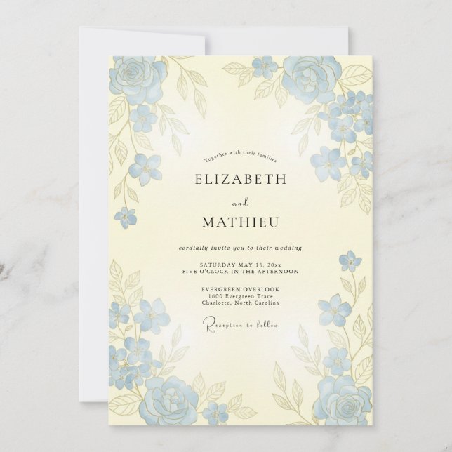 Invitation Mariage Rose Gracieuse Bleu Poussiéreux (Devant)