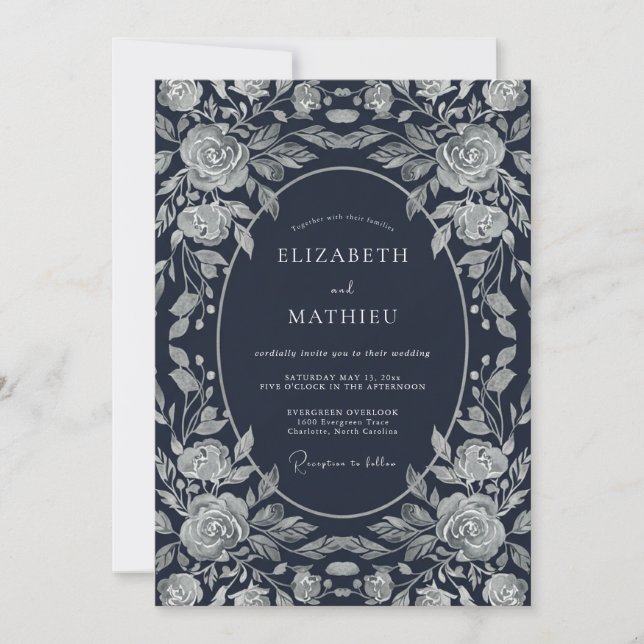 Invitation Mariage Rose Gravure sur Bois Bleu Marine (Devant)