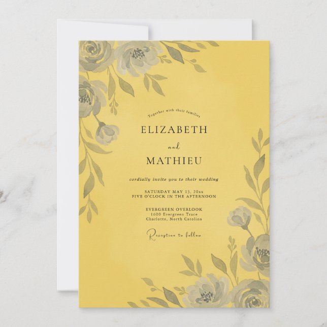Invitation Mariage Rose Grise Jaune (Devant)