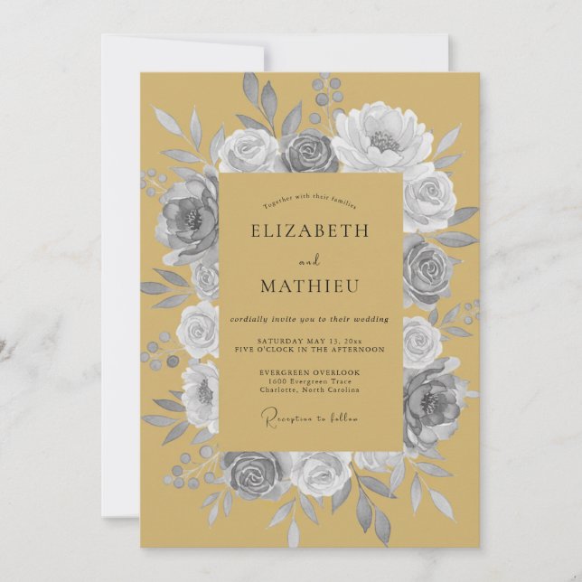 Invitation Mariage Rose Grise Moutarde (Devant)