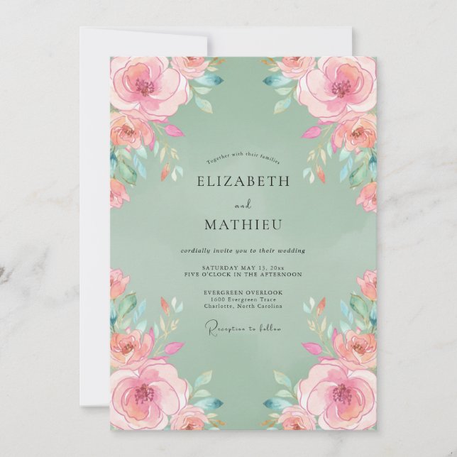 Invitation Mariage Rose Heureuse Vert Sauge (Devant)