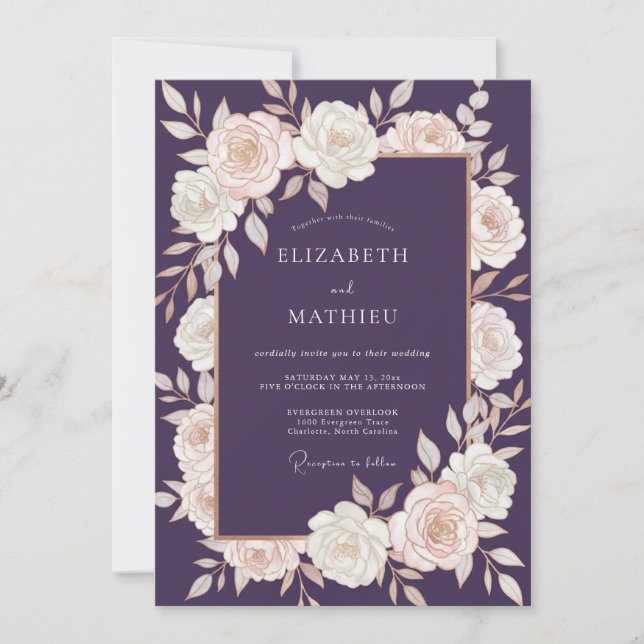 Invitation Mariage Rose Ivoire Prune (Devant)