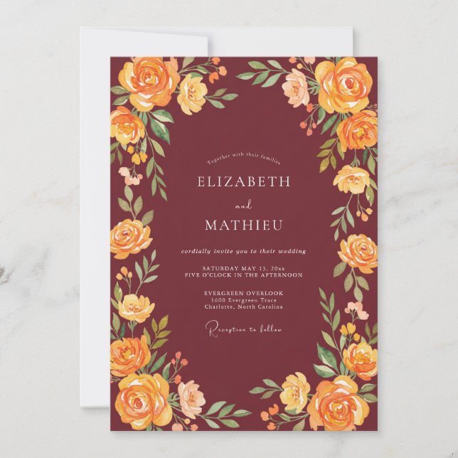 Invitation Mariage Rose Jaune Bourgogne (Devant)