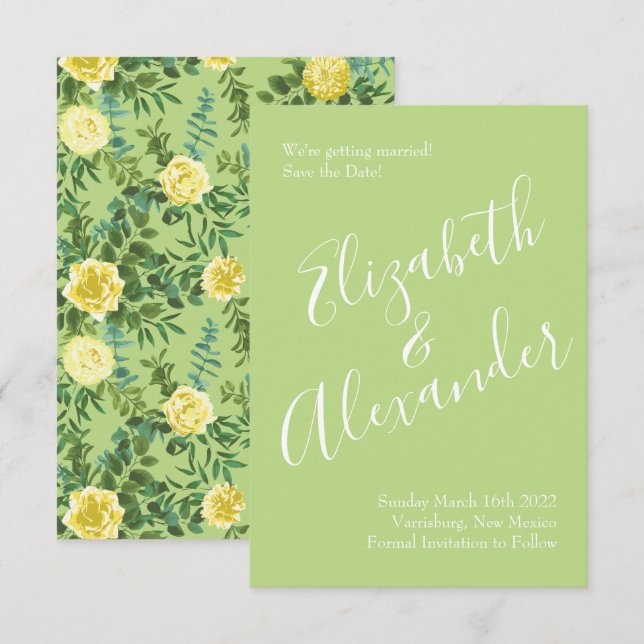 Invitation Mariage Rose jaune clair et vert pâle Date de sauv (Devant / Derrière)