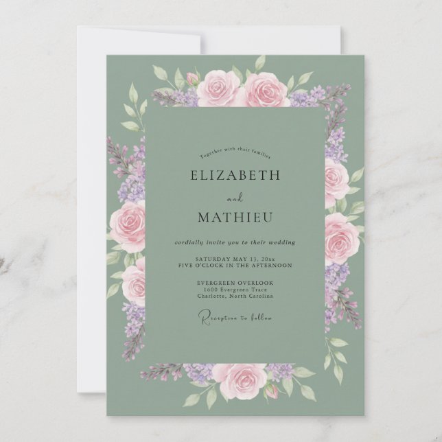 Invitation Mariage Rose Lilas Céladon (Devant)