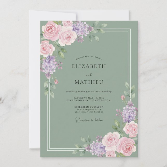 Invitation Mariage Rose Lilas Olive (Devant)
