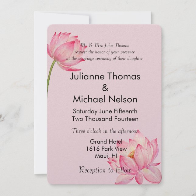 Invitation Mariage rose Lotus Floral (Devant)