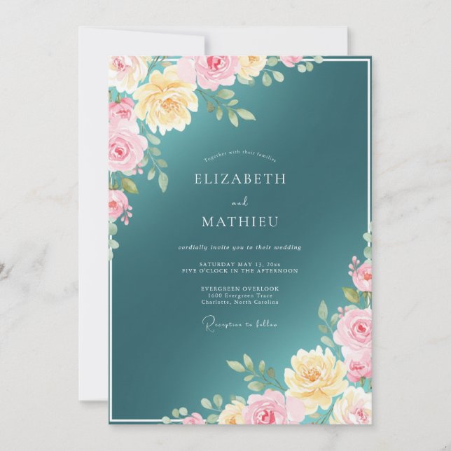 Invitation Mariage Rose Lumineuse Sarcelle (Devant)