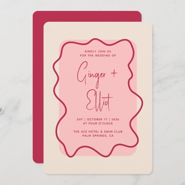 Invitation Mariage rose magenta moderne Gras Verre (Devant / Derrière)