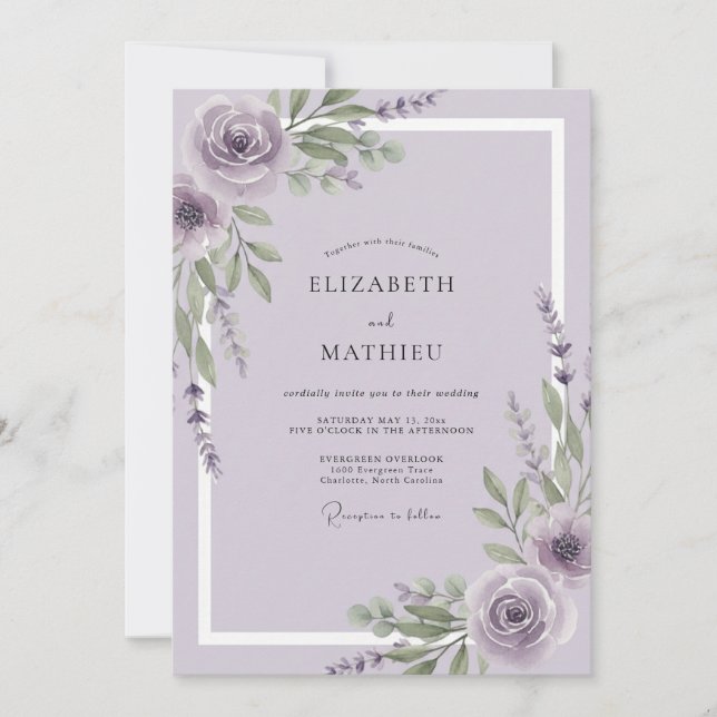 Invitation Mariage Rose Mauve Aquarelle (Devant)