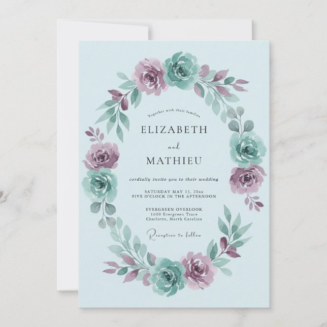 Invitation Mariage Rose Mauve Bleu Ciel (Devant)
