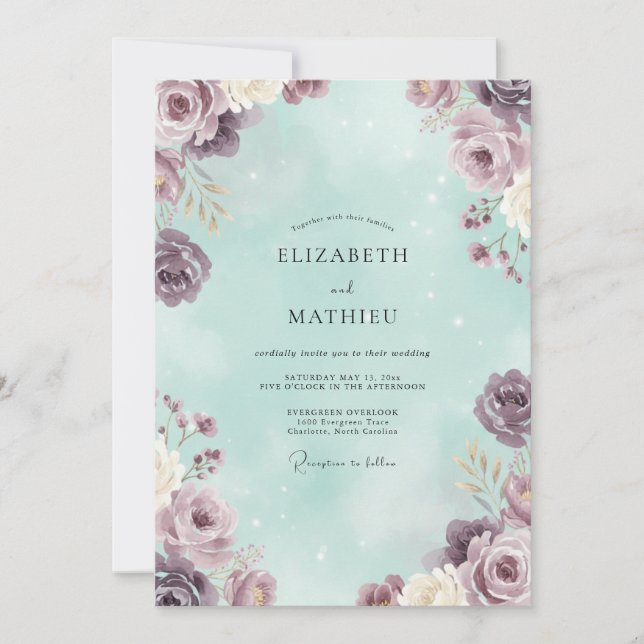 Invitation Mariage Rose Mauve Menthe (Devant)